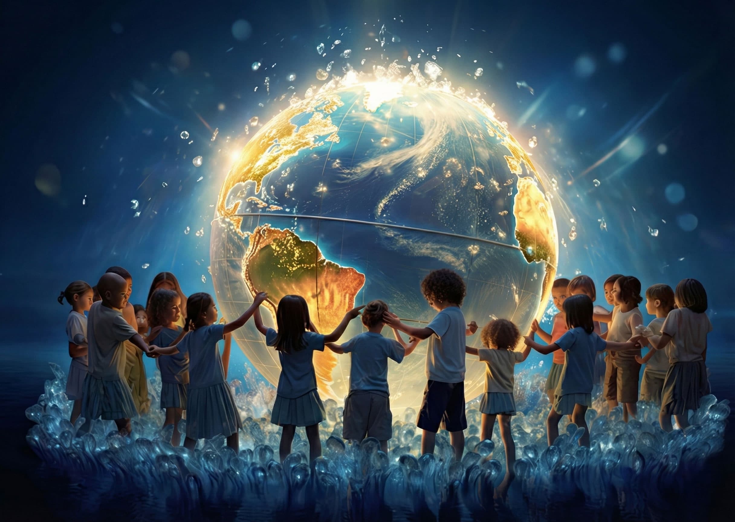 Children holding hands around a glowing globe