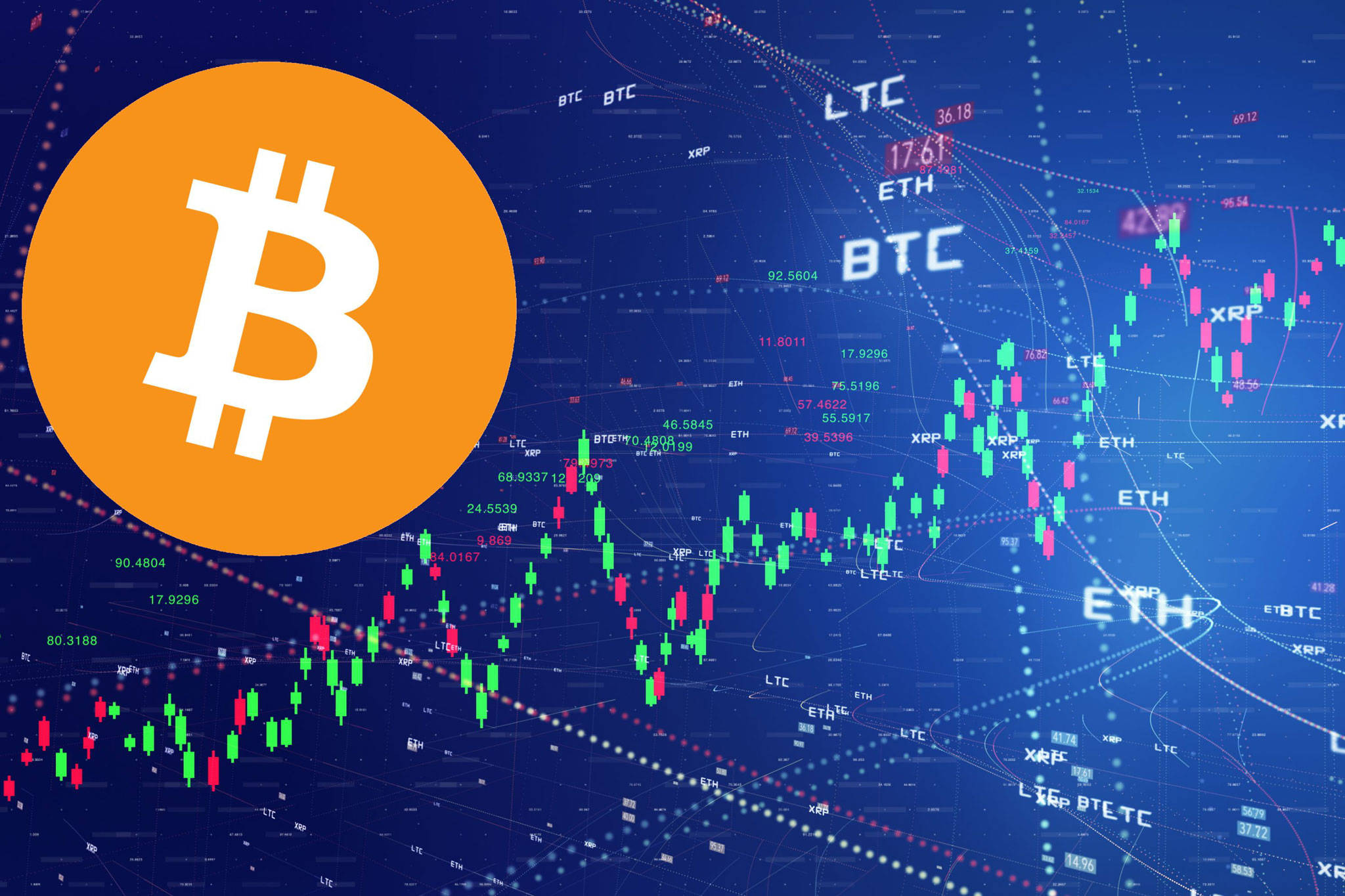 A digital blockchain network visualization showing interconnected nodes and data chains representing cryptocurrency transaction flows